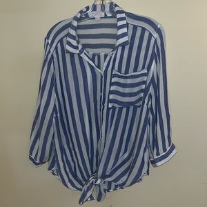 Ladies Blue and white striped button up 3/4 length tie front shirt